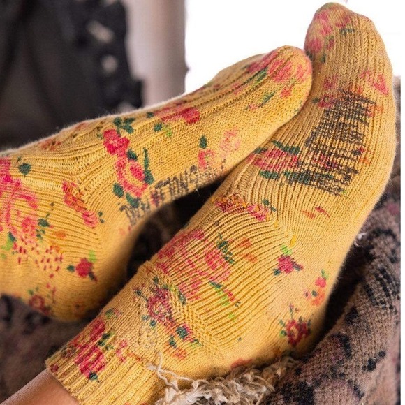 Magnolia Pearl Accessories - Magnolia Pearl Floral Knit Crew Socks Mustard Yellow Rose Cottagecore‎ NWT